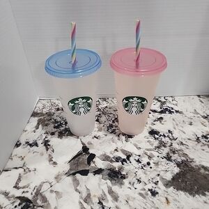 Starbucks Reusable Cold Cups with Lids and Straws - Blue and Pink
